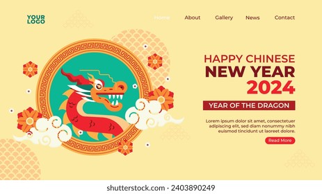 Happy Chinese new year festival. Year of the dragon. red, gold and white colors. Cartoon Vector illustration design for Poster, Banner, Greeting, Card, Flyer, Cover, Post. Chinese dragon. February 10.