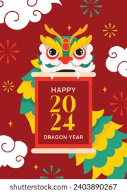 Happy Chinese new year festival. Year of the dragon. red, gold and white colors. Cartoon Vector illustration design for Poster, Banner, Greeting, Card, Flyer, Cover, Post. Chinese dragon. February 10.