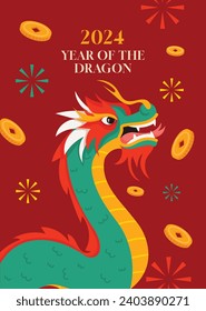 Happy Chinese new year festival. Year of the dragon. red, gold and white colors. Cartoon Vector illustration design for Poster, Banner, Greeting, Card, Flyer, Cover, Post. Chinese dragon. February 10.