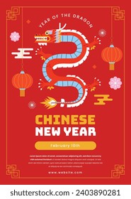 Happy Chinese new year festival. Year of the dragon. red, gold and white colors. Cartoon Vector illustration design for Poster, Banner, Greeting, Card, Flyer, Cover, Post. Chinese dragon. February 10.