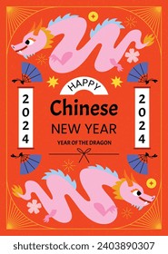 Feliz festival chino de año nuevo. Año del dragón. rojo, dorado y blanco. Diseño de ilustración de vectores de caricatura para afiches, banner, saludo, tarjeta, volante, portada, publicación. dragón chino. 10 de febrero.