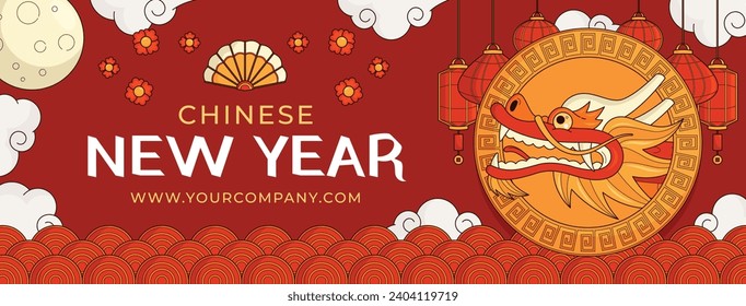 Happy Chinese new year festival. Year of the dragon. red, gold and white colors. Cartoon Vector illustration design for Poster, Banner, Greeting, Card, Flyer, Cover, Post. Chinese dragon. February 10.