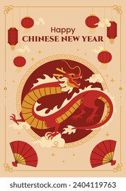 Feliz festival chino de año nuevo. Año del dragón. rojo, dorado y blanco. Diseño de ilustración de vectores de caricatura para afiches, banner, saludo, tarjeta, volante, portada, publicación. dragón chino. 10 de febrero.