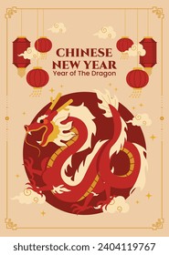 Happy Chinese new year festival. Year of the dragon. red, gold and white colors. Cartoon Vector illustration design for Poster, Banner, Greeting, Card, Flyer, Cover, Post. Chinese dragon. February 10.