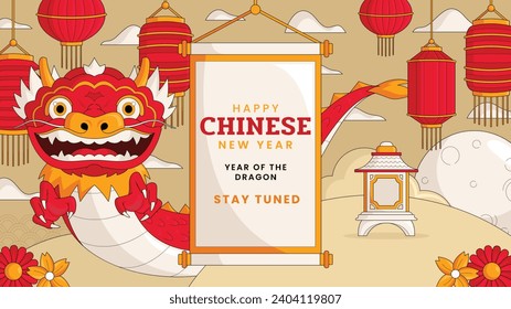 Happy Chinese new year festival. Year of the dragon. red, gold and white colors. Cartoon Vector illustration design for Poster, Banner, Greeting, Card, Flyer, Cover, Post. Chinese dragon. February 10.