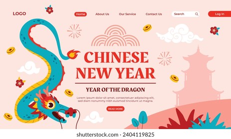 Happy Chinese new year festival. Year of the dragon. red, gold and white colors. Cartoon Vector illustration design for Poster, Banner, Greeting, Card, Flyer, Cover, Post. Chinese dragon. February 10.