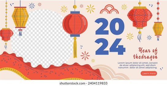 Happy Chinese new year festival. Year of the dragon. red, gold and white colors. Cartoon Vector illustration design for Poster, Banner, Greeting, Card, Flyer, Cover, Post. Chinese dragon. February 10.