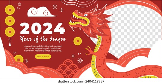 Happy Chinese new year festival. Year of the dragon. red, gold and white colors. Cartoon Vector illustration design for Poster, Banner, Greeting, Card, Flyer, Cover, Post. Chinese dragon. February 10.