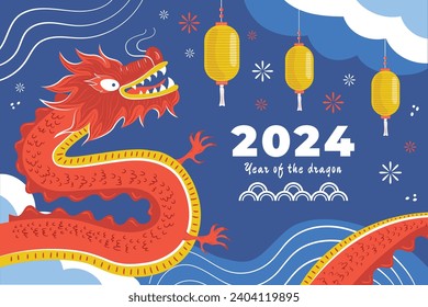 Happy Chinese new year festival. Year of the dragon. red, gold and white colors. Cartoon Vector illustration design for Poster, Banner, Greeting, Card, Flyer, Cover, Post. Chinese dragon. February 10.