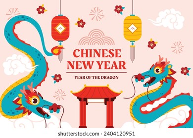 Happy Chinese new year festival. Year of the dragon. red, gold and white colors. Cartoon Vector illustration design for Poster, Banner, Greeting, Card, Flyer, Cover, Post. Chinese dragon. February 10.