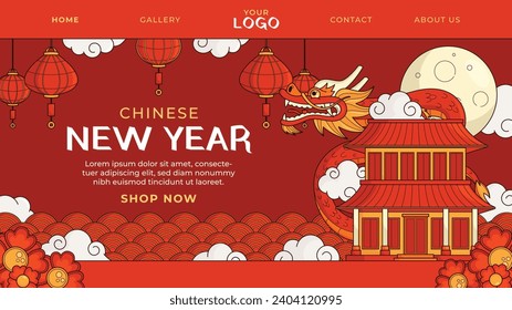 Feliz festival chino de año nuevo. Año del dragón. rojo, dorado y blanco. Diseño de ilustración de vectores de caricatura para afiches, banner, saludo, tarjeta, volante, portada, publicación. dragón chino. 10 de febrero.