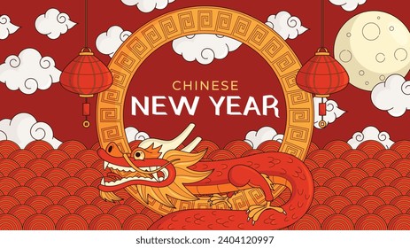Happy Chinese new year festival. Year of the dragon. red, gold and white colors. Cartoon Vector illustration design for Poster, Banner, Greeting, Card, Flyer, Cover, Post. Chinese dragon. February 10.