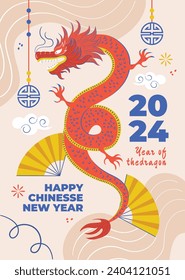 Feliz festival chino de año nuevo. Año del dragón. rojo, dorado y blanco. Diseño de ilustración de vectores de caricatura para afiches, banner, saludo, tarjeta, volante, portada, publicación. dragón chino. 10 de febrero.