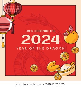 Happy Chinese new year festival. Year of the dragon. red, gold and white colors. Cartoon Vector illustration design for Poster, Banner, Greeting, Card, Flyer, Cover, Post. Chinese dragon. February 10.