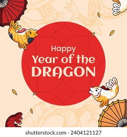 Happy Chinese new year festival. Year of the dragon. red, gold and white colors. Cartoon Vector illustration design for Poster, Banner, Greeting, Card, Flyer, Cover, Post. Chinese dragon. February 10.