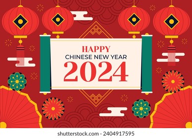 Happy Chinese new year festival. Year of the dragon. red, gold and white colors. Cartoon Vector illustration design for Poster, Banner, Greeting, Card, Flyer, Cover, Post. Chinese dragon. February 10.