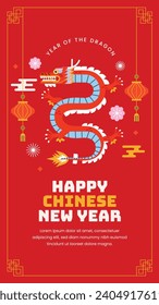 Happy Chinese new year festival. Year of the dragon. red, gold and white colors. Cartoon Vector illustration design for Poster, Banner, Greeting, Card, Flyer, Cover, Post. Chinese dragon. February 10.