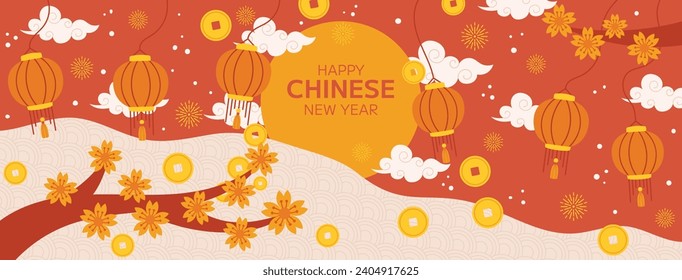 Happy Chinese new year festival. Year of the dragon. red, gold and white colors. Cartoon Vector illustration design for Poster, Banner, Greeting, Card, Flyer, Cover, Post. Chinese dragon. February 10.