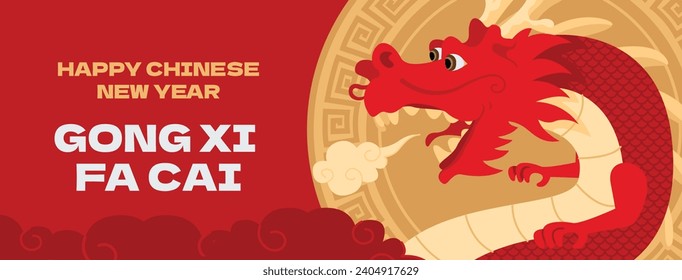 Happy Chinese new year festival. Year of the dragon. red, gold and white colors. Cartoon Vector illustration design for Poster, Banner, Greeting, Card, Flyer, Cover, Post. Chinese dragon. February 10.