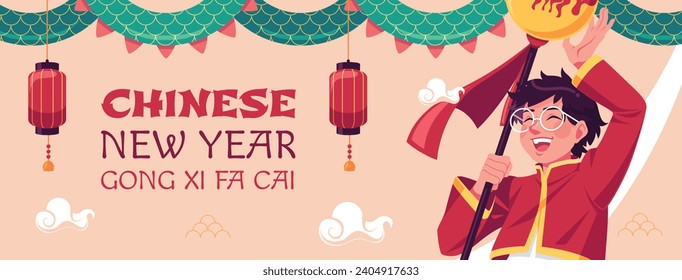 Happy Chinese new year festival. Year of the dragon. red, gold and white colors. Cartoon Vector illustration design for Poster, Banner, Greeting, Card, Flyer, Cover, Post. Chinese dragon. February 10.