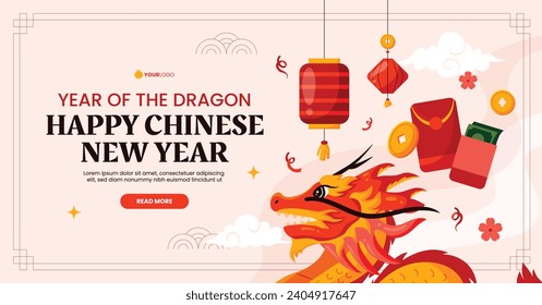 Feliz festival chino de año nuevo. Año del dragón. rojo, dorado y blanco. Diseño de ilustración de vectores de caricatura para afiches, banner, saludo, tarjeta, volante, portada, publicación. dragón chino. 10 de febrero.