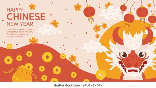 Happy Chinese new year festival. Year of the dragon. red, gold and white colors. Cartoon Vector illustration design for Poster, Banner, Greeting, Card, Flyer, Cover, Post. Chinese dragon. February 10.