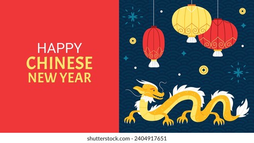 Happy Chinese new year festival. Year of the dragon. red, gold and white colors. Cartoon Vector illustration design for Poster, Banner, Greeting, Card, Flyer, Cover, Post. Chinese dragon. February 10.