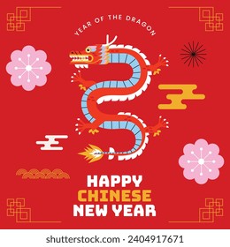 Happy Chinese new year festival. Year of the dragon. red, gold and white colors. Cartoon Vector illustration design for Poster, Banner, Greeting, Card, Flyer, Cover, Post. Chinese dragon. February 10.