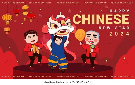 Happy Chinese New Year festival with Lion Dancing vector Illustration