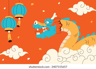 Feliz festival chino de año nuevo. Año del dragón. rojo, dorado y blanco. Diseño de ilustración de vectores de caricatura para afiches, banner, saludo, tarjeta, volante, portada, publicación. dragón chino. 10 de febrero.