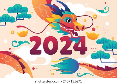 Feliz festival chino de año nuevo. Año del dragón. rojo, dorado y blanco. Diseño de ilustración de vectores de caricatura para afiches, banner, saludo, tarjeta, volante, portada, publicación. dragón chino. 10 de febrero.