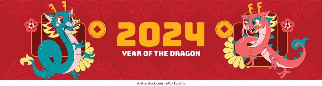 Happy Chinese new year festival. Year of the dragon. red, gold and white colors. Cartoon Vector illustration design for Poster, Banner, Greeting, Card, Flyer, Cover, Post. Chinese dragon. February 10.