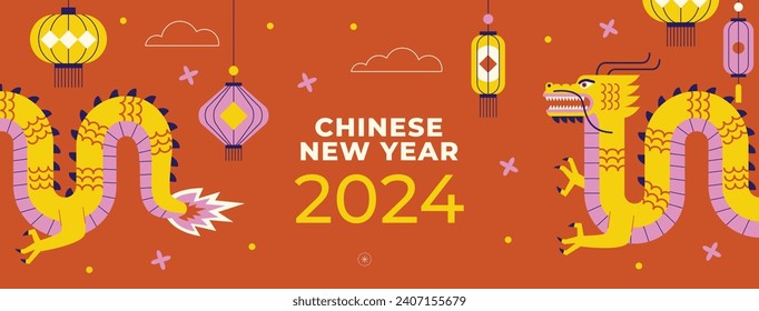 Happy Chinese new year festival. Year of the dragon. red, gold and white colors. Cartoon Vector illustration design for Poster, Banner, Greeting, Card, Flyer, Cover, Post. Chinese dragon. February 10.
