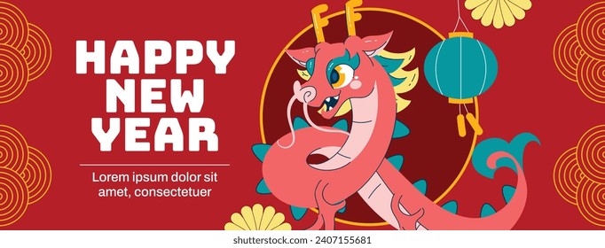 Happy Chinese new year festival. Year of the dragon. red, gold and white colors. Cartoon Vector illustration design for Poster, Banner, Greeting, Card, Flyer, Cover, Post. Chinese dragon. February 10.