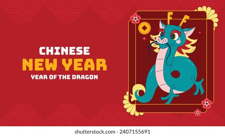 Happy Chinese new year festival. Year of the dragon. red, gold and white colors. Cartoon Vector illustration design for Poster, Banner, Greeting, Card, Flyer, Cover, Post. Chinese dragon. February 10.
