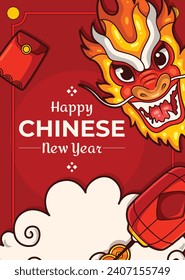 Feliz festival chino de año nuevo. Año del dragón. rojo, dorado y blanco. Diseño de ilustración de vectores de caricatura para afiches, banner, saludo, tarjeta, volante, portada, publicación. dragón chino. 10 de febrero.