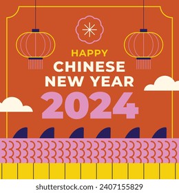 Happy Chinese new year festival. Year of the dragon. red, gold and white colors. Cartoon Vector illustration design for Poster, Banner, Greeting, Card, Flyer, Cover, Post. Chinese dragon. February 10.