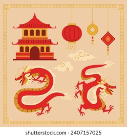 Feliz año nuevo chino, elemento del festival. Año del dragón. rojo, dorado y blanco. Ilustración vectorial elementos decorativos para Afiche, Cartel, Saludo, Tarjeta, Volante, Cubierta, Post. dragón chino.