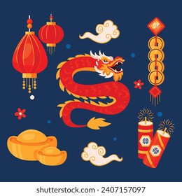 Happy Chinese new year festival element. Year of the dragon. red, gold and white colors. Vector illustration decorative elements for Poster, Banner, Greeting, Card, Flyer, Cover, Post. Chinese dragon.