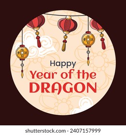 Happy Chinese new year festival sticker. Year of the dragon. red, gold and white colors. Cartoon Vector illustration design for Sticker. Chinese dragon. February 10.