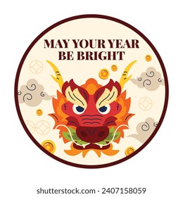 Feliz sticker del festival chino de año nuevo. Año del dragón. rojo, dorado y blanco. Diseño de ilustración de vectores de dibujos animados para Sticker. dragón chino. 10 de febrero.