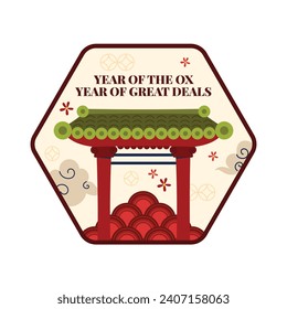 Happy Chinese new year festival sticker. Year of the dragon. red, gold and white colors. Cartoon Vector illustration design for Sticker. Chinese dragon. February 10.