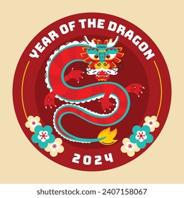 Feliz sticker del festival chino de año nuevo. Año del dragón. rojo, dorado y blanco. Diseño de ilustración de vectores de dibujos animados para Sticker. dragón chino. 10 de febrero.