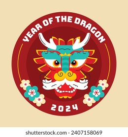 Feliz sticker del festival chino de año nuevo. Año del dragón. rojo, dorado y blanco. Diseño de ilustración de vectores de dibujos animados para Sticker. dragón chino. 10 de febrero.