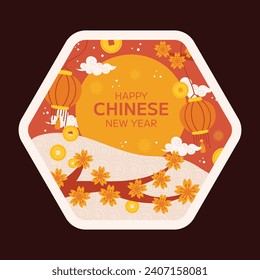 Happy Chinese new year festival sticker. Year of the dragon. red, gold and white colors. Cartoon Vector illustration design for Sticker. Chinese dragon. February 10.
