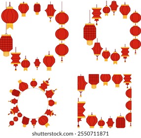 Happy Chinese new year festival red lantern circle round frame set. Graphic Vector illustration design for Poster, Banner, Greeting, Card, Flyer, Cover, Post. 