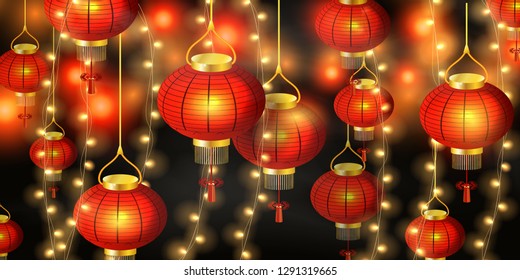 Happy Chinese New year. Chinese new year Festive red lanterns in china town Fairy Lights at Night. design for card, flyers, invitation, posters, brochure, banners. vector illustration