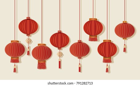 Happy Chinese new year. Festive red lanterns set on background. Vector illustration.