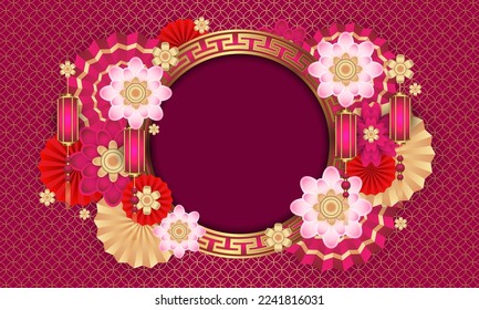 Happy Chinese New year. Flower, Chinese fan, Chinese lamp paper cut style. Dark pink and gold color. Background for banner, poster, ads, website. Vector illustration EPS10.