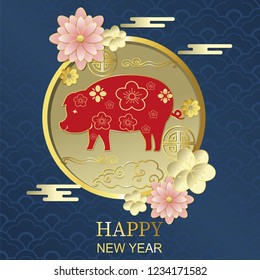 Happy chinese new year with flower,circle,cloud,pig in paper cut art and craft style